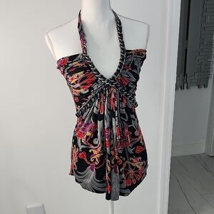 Sky Black and Red Floral Halter Top